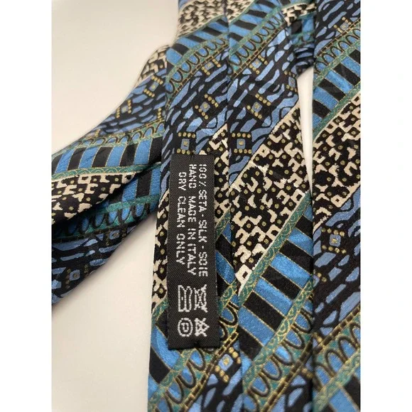 Brioni Silk Tie Blue Black Geometric Abstract Pattern Men's Necktie